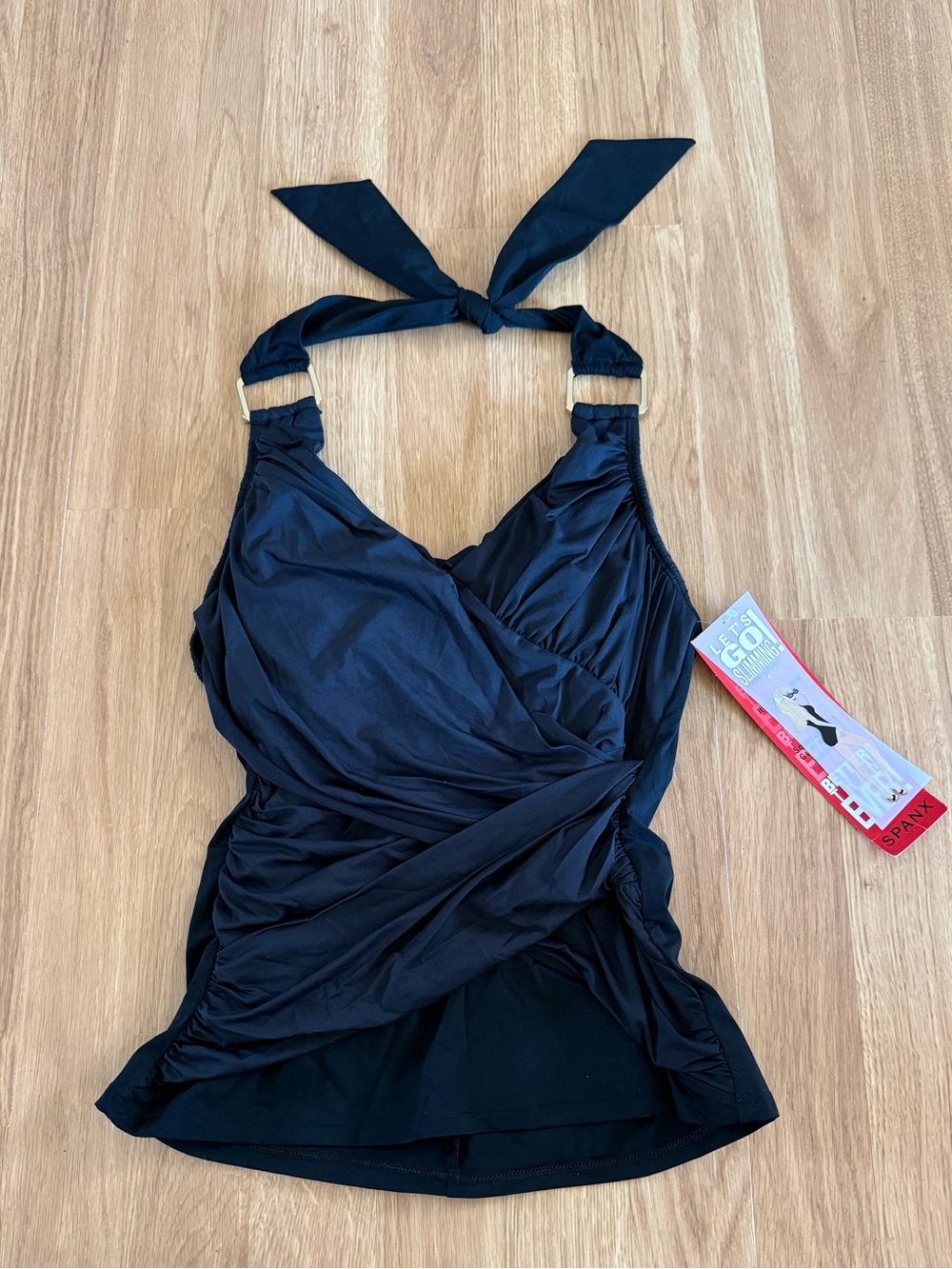 NEW Spanx Let’s Go Slimming Whittle Waistline Draped Tankini Top - Black - 6